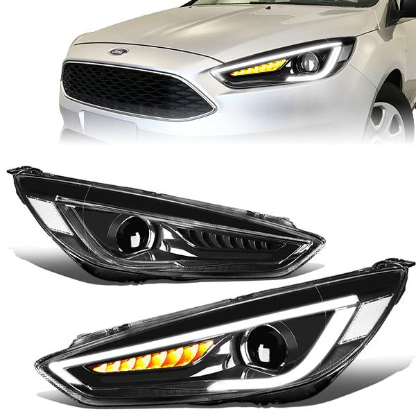 DNA Motoring, 15-18 Ford Focus LED DRL+Sequential Chasing Turn Signal Projector Headlights