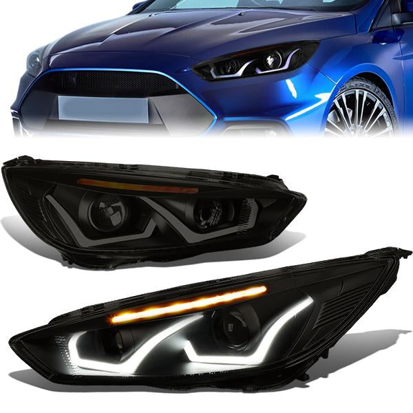 DNA Motoring, 15-18 Ford Focus LED DRL+Turn Signal Projector Headlights - Tinted Housing