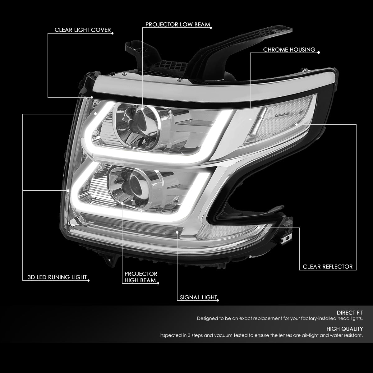 DNA Motoring, 15-20 Chevy Tahoe Suburbban Dual LED DRL Projector Headlights - Chrome Housing