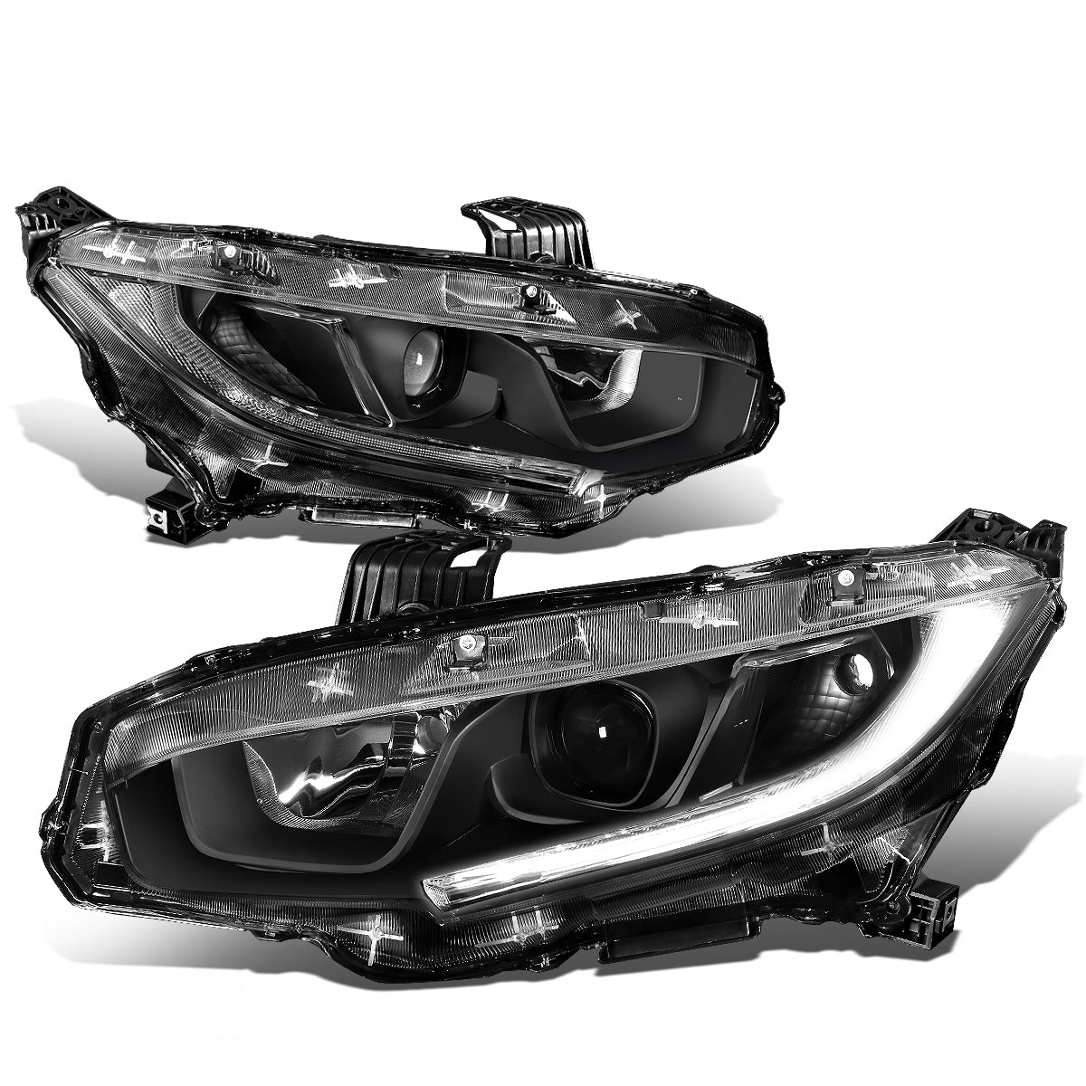 DNA Motoring, 16-18 Honda Civic LED DRL Projector Headlights - Black Housing Clear Corner