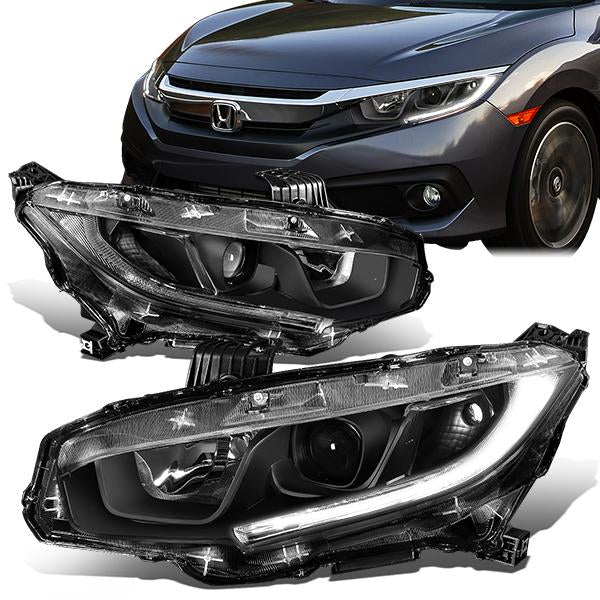 DNA Motoring, 16-18 Honda Civic LED DRL Projector Headlights - Black Housing Clear Corner