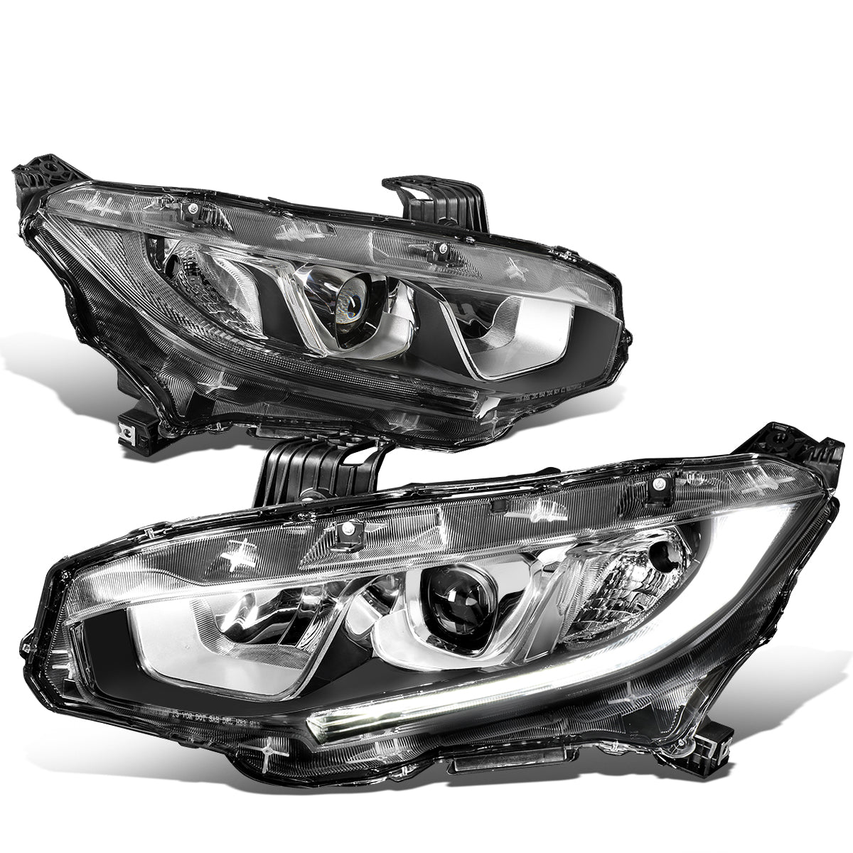 DNA Motoring, 16-18 Honda Civic LED DRL Projector Headlights - Chrome Housing Clear Corner