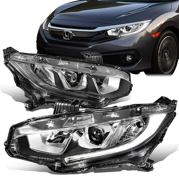 DNA Motoring, 16-18 Honda Civic LED DRL Projector Headlights - Chrome Housing Clear Corner