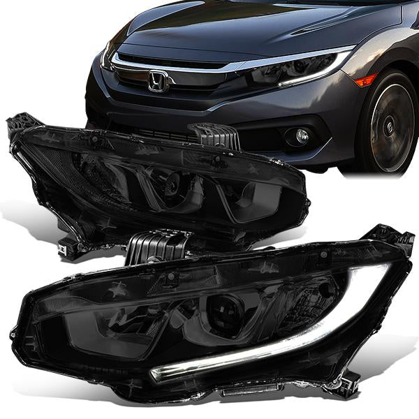 DNA Motoring, 16-18 Honda Civic LED DRL Projector Headlights - Smoked Housing Clear Corner