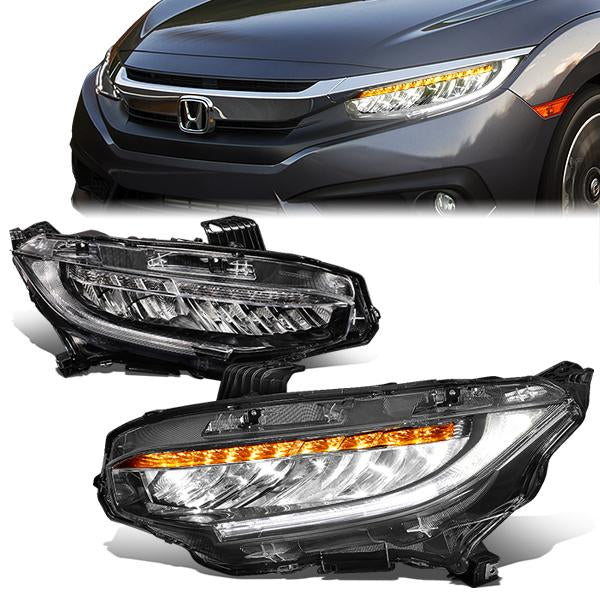 DNA Motoring, 16-18 Honda Civic LED DRL+Sequential Turn Signal Headlights - Type-R Style