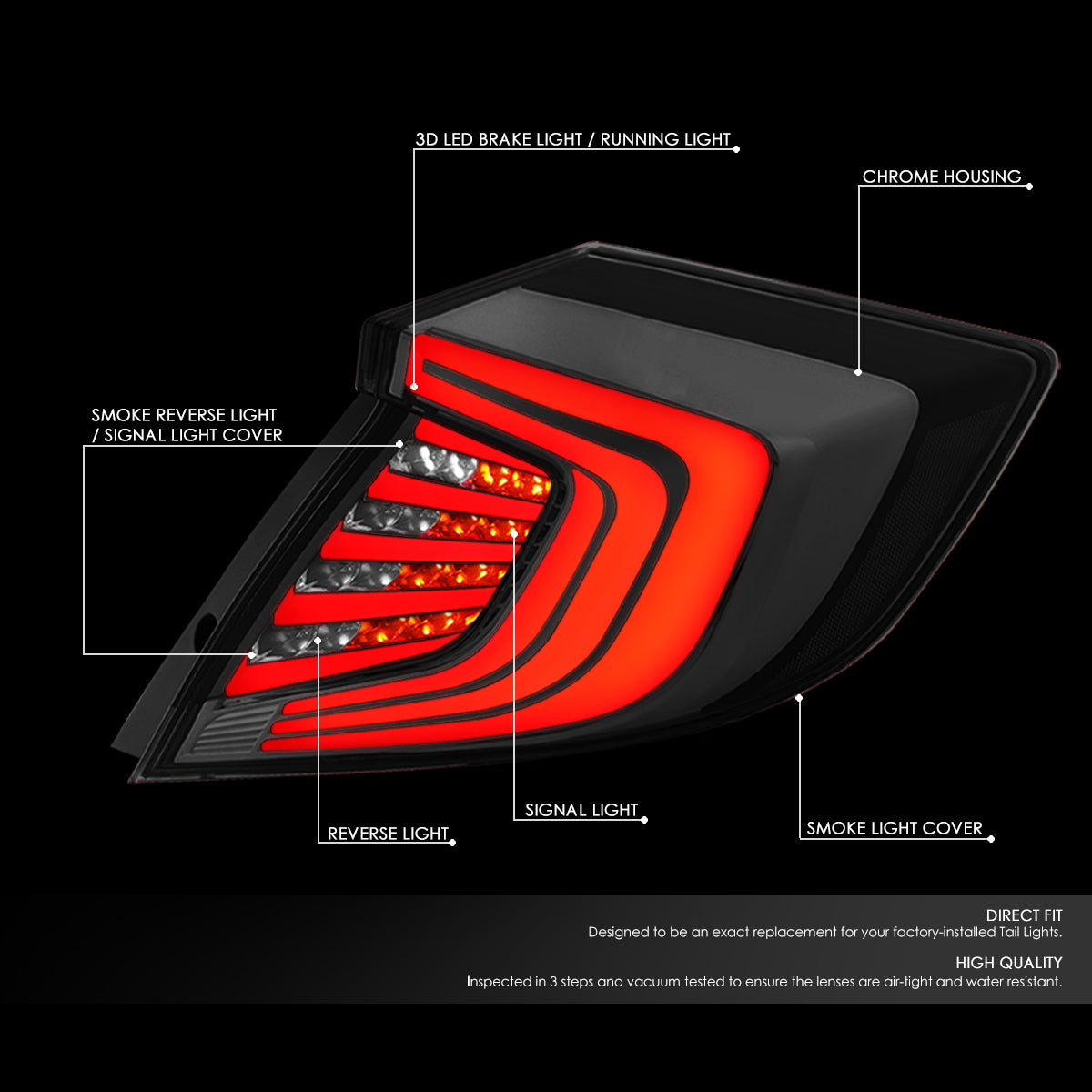 Nuvision Lighting, 16-18 Honda Civic Sedan Full LED Brake/Reverse Tail Lights - Smoked Housing