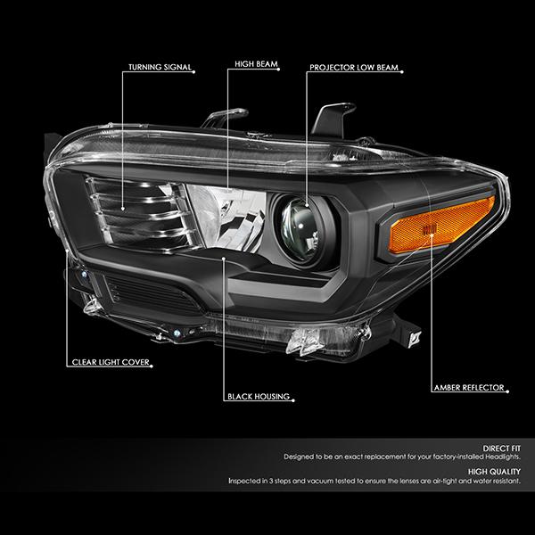 DNA Motoring, 16-18 Toyota Tacoma Projector Headlights - Black Housing Amber Corner