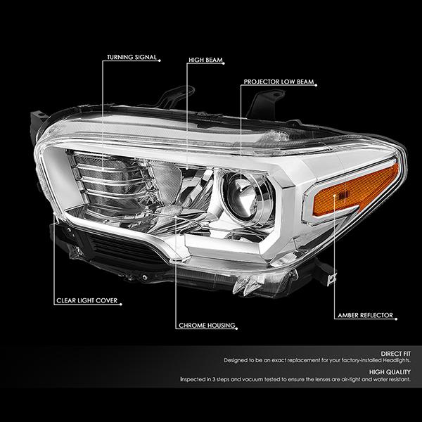 DNA Motoring, 16-18 Toyota Tacoma Projector Headlights - Chrome Housing Amber Corner