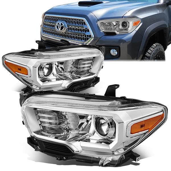 DNA Motoring, 16-18 Toyota Tacoma Projector Headlights - Chrome Housing Amber Corner