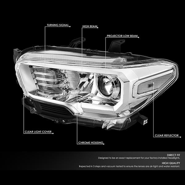 DNA Motoring, 16-18 Toyota Tacoma Projector Headlights - Chrome Housing Clear Corner