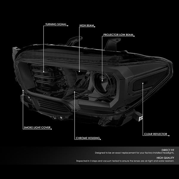 DNA Motoring, 16-18 Toyota Tacoma Projector Headlights - Smoked Housing Clear Corner