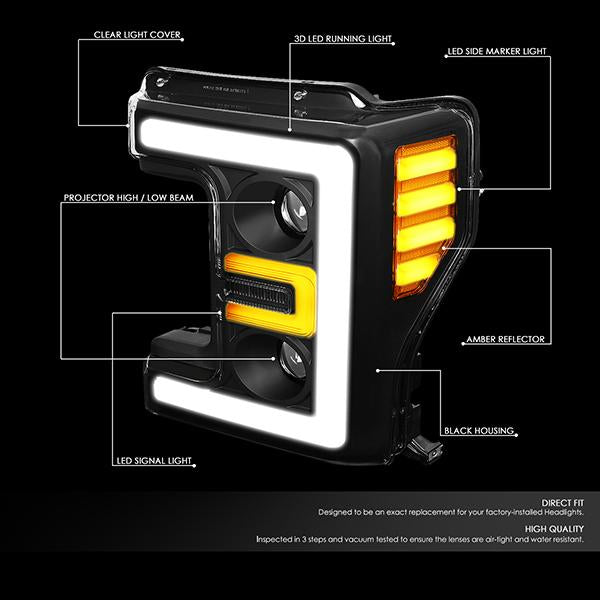 Nuvision Lighting, 17-19 Ford F250 F350 F450 F550 Super Duty LED DRL Projector Headlights - Black Housing Amber Corner