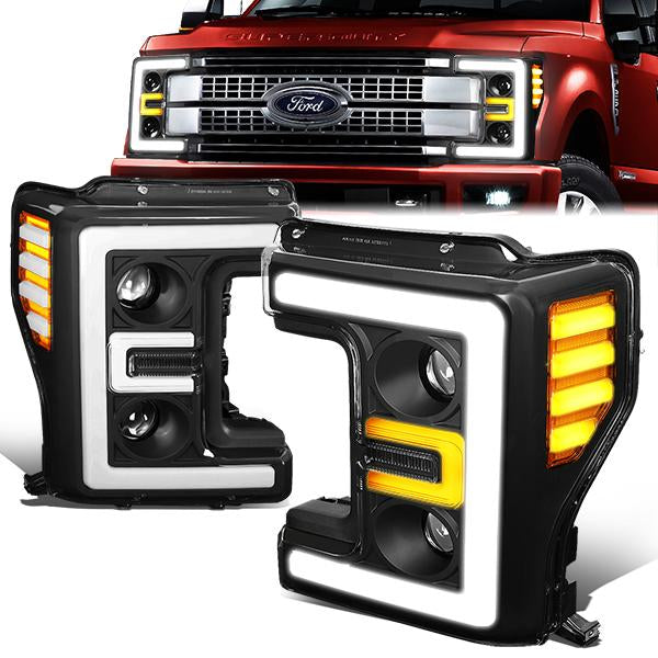 Nuvision Lighting, 17-19 Ford F250 F350 F450 F550 Super Duty LED DRL Projector Headlights - Black Housing Amber Corner