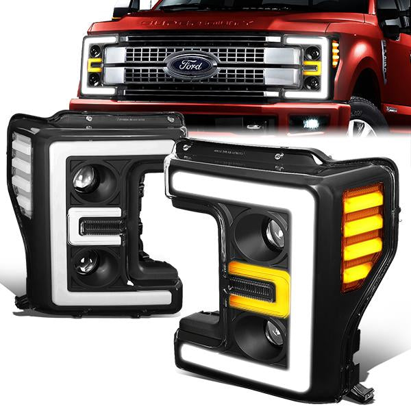 Nuvision Lighting, 17-19 Ford F250 F350 F450 F550 Super Duty LED DRL Projector Headlights - Black Housing Clear Corner