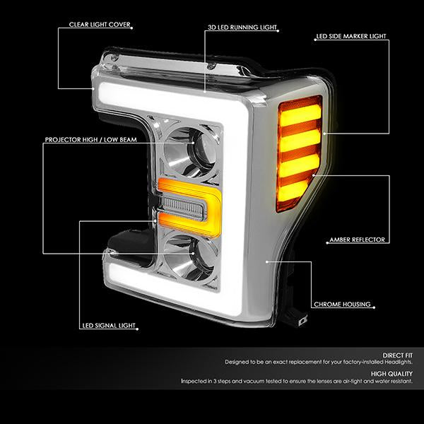 Nuvision Lighting, 17-19 Ford F250 F350 F450 F550 Super Duty LED DRL Projector Headlights - Chrome Housing Amber Corner