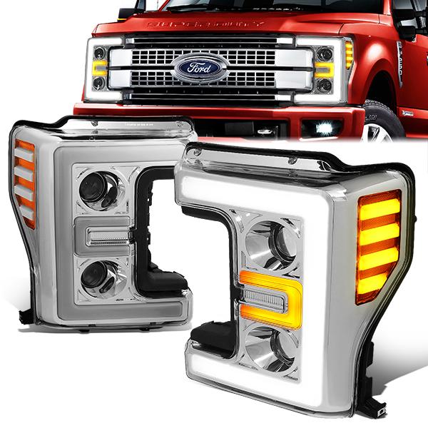 Nuvision Lighting, 17-19 Ford F250 F350 F450 F550 Super Duty LED DRL Projector Headlights - Chrome Housing Amber Corner