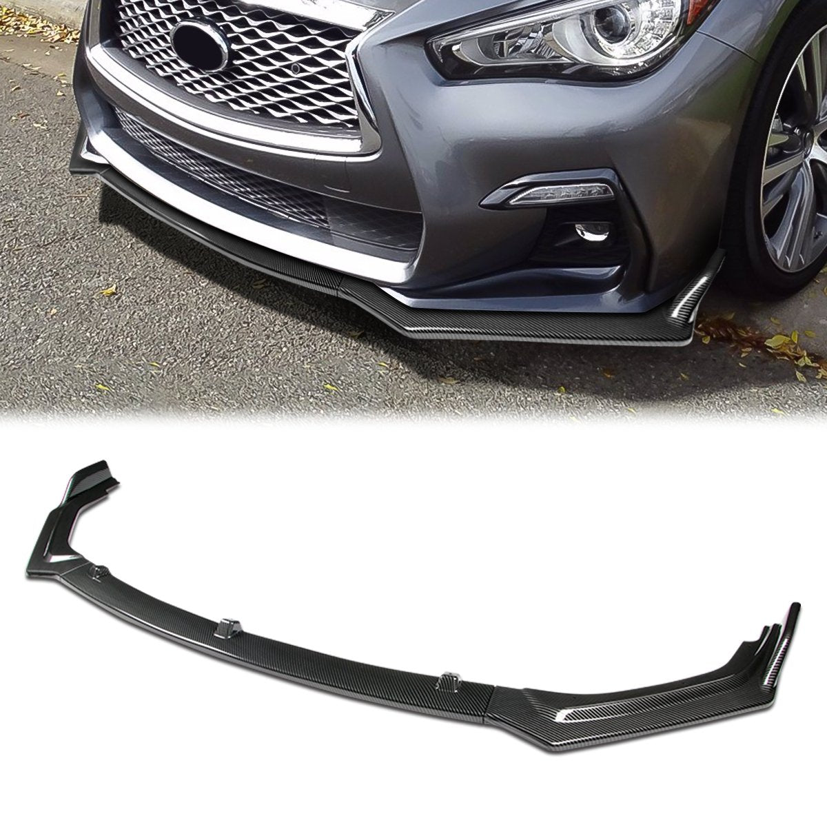 Stay Tuned Performance, 18-22 Infiniti Q50 Front Bumper Lip - 3 Pieces Design [Carbon Fiber Look]