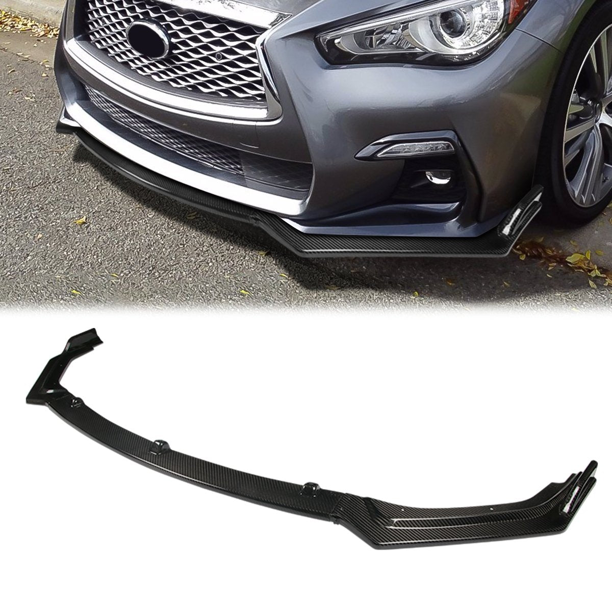 Stay Tuned Performance, 18-22 Infiniti Q50 Front Bumper Lip - 3 Pieces Design [Real Carbon Fiber]