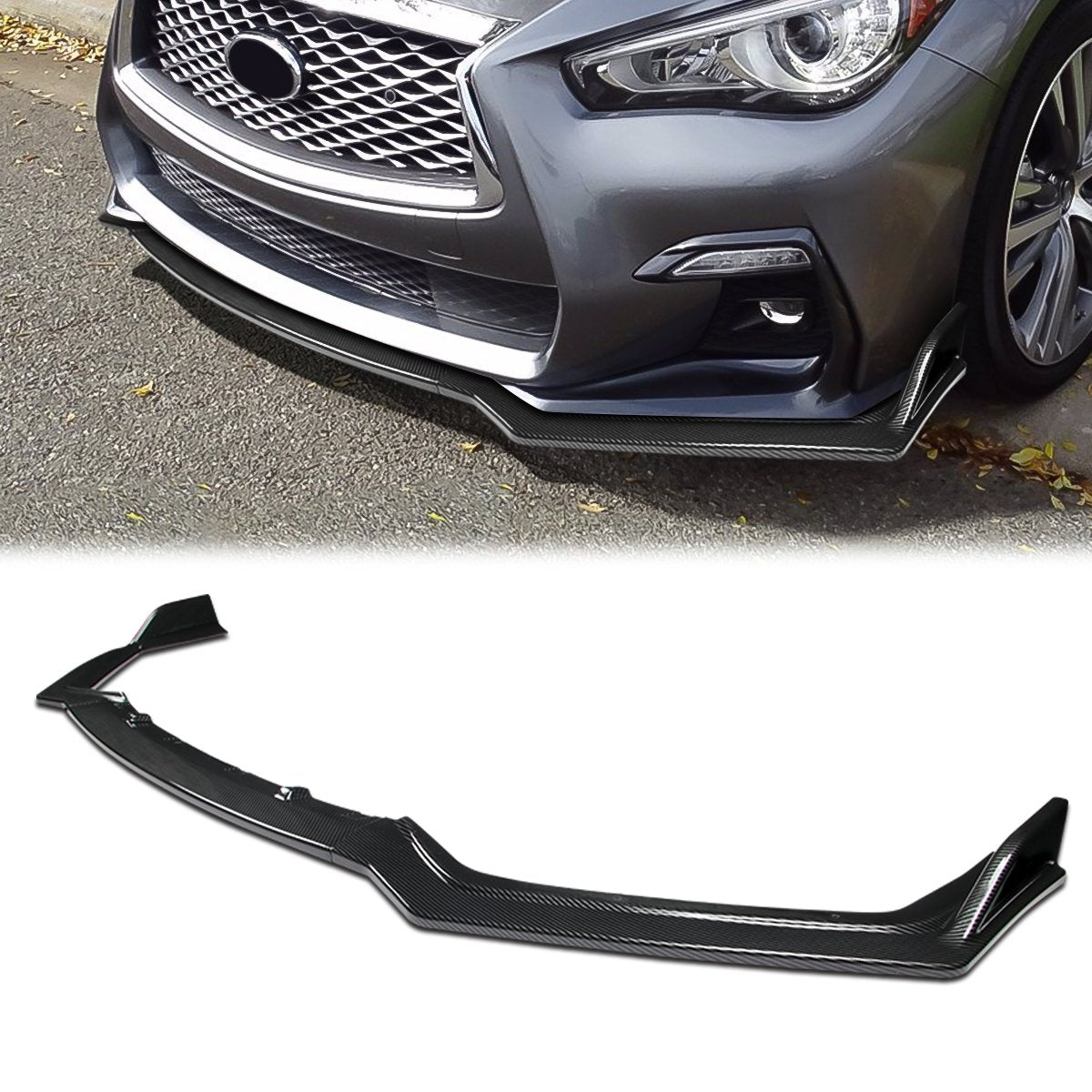 Stay Tuned Performance, 18-22 Infiniti Q50 Sport Trim Front Bumper Lip - 3 Pieces Design [Carbon Fiber Look]