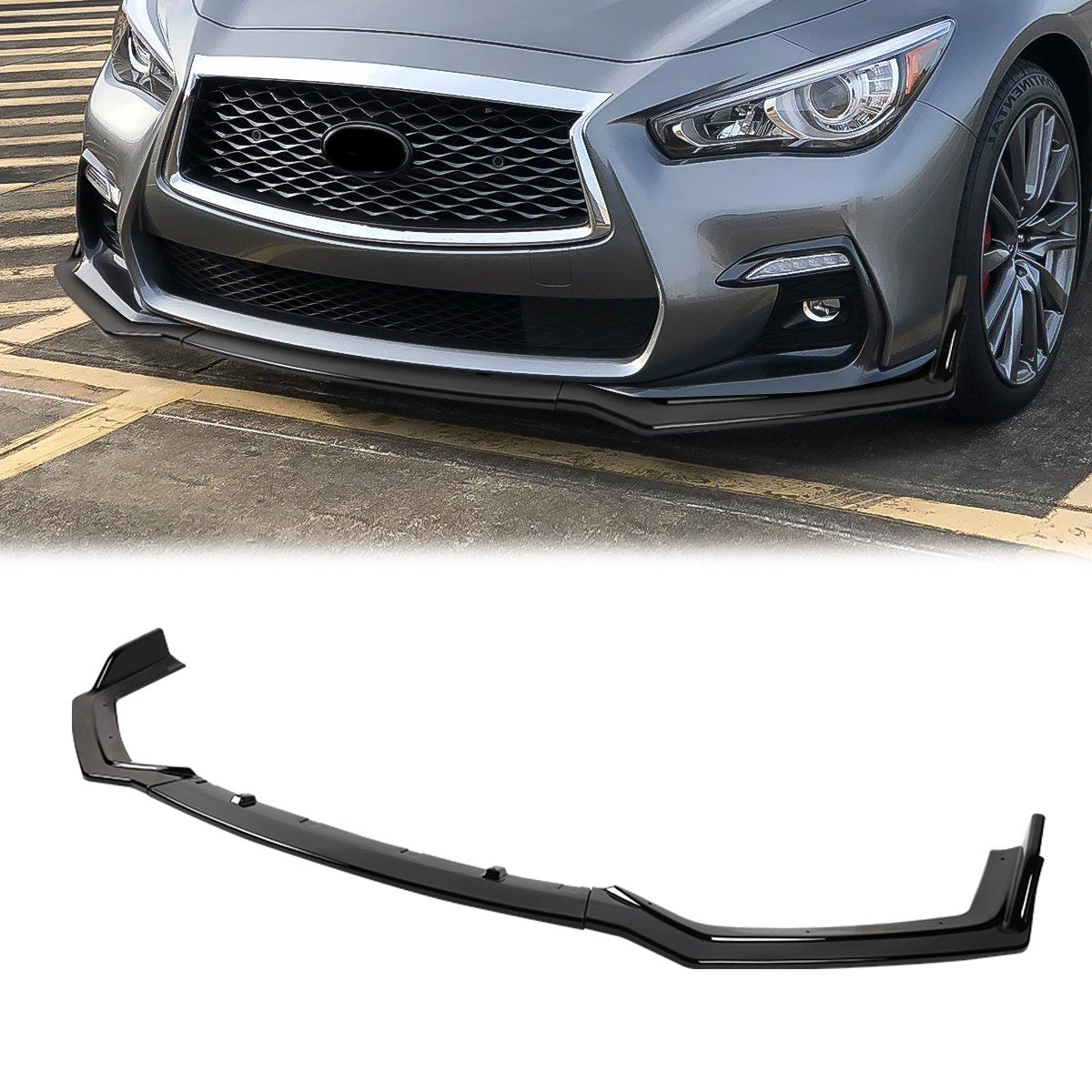 Stay Tuned Performance, 18-22 Infiniti Q50 Sport Trim Front Bumper Lip - 3 Pieces Design [Gloss Black]