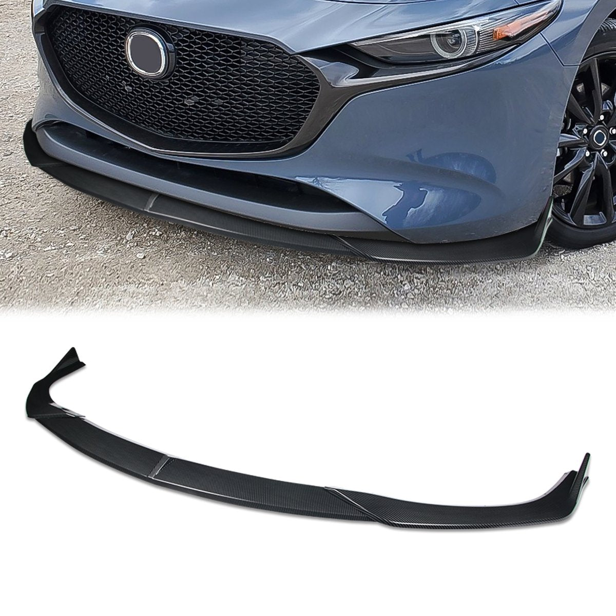 Stay Tuned Performance, 19-22 Mazda 3 Front Bumper Lip - 3 Pieces Design [Carbon Fiber Look]