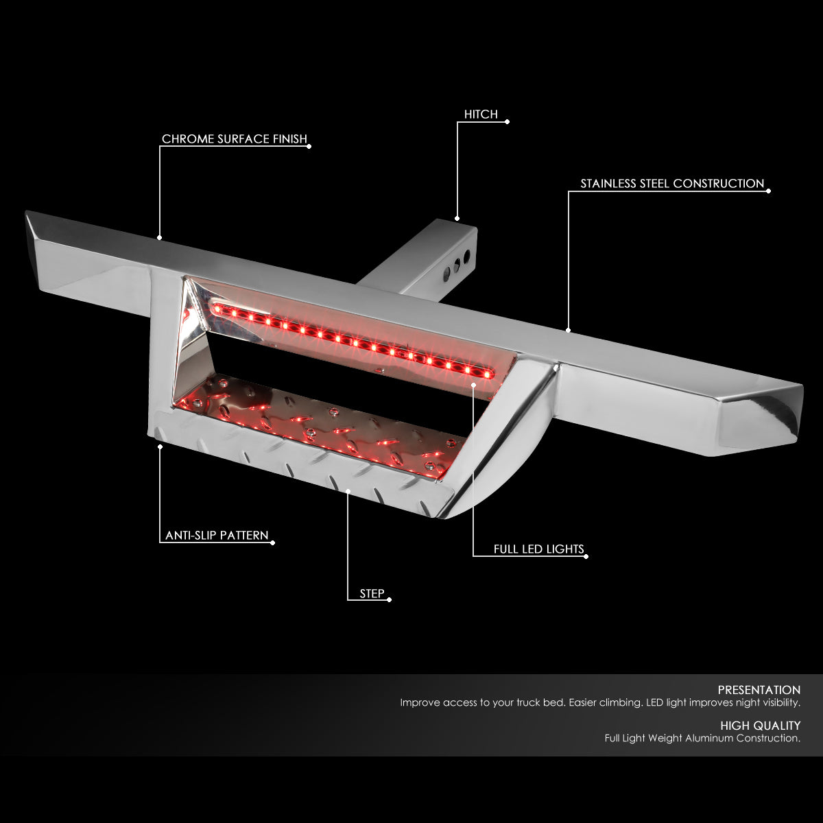 CAAP, 2" Receiver Trailer Receiver Tow Hitch Step w/LED Brake Light - 3.2" x 2.25" Square Bar - Chrome