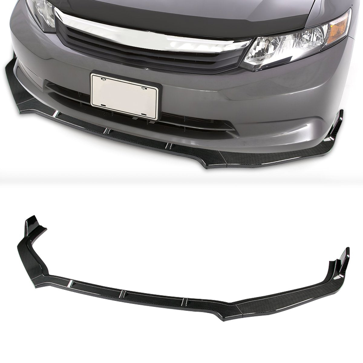 Stay Tuned Performance, 2012 Honda Civic 4-Door Front Bumper Lip - 3 Pieces Design [Carbon Fiber Look]