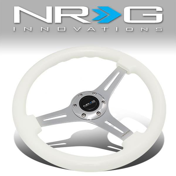 NRG Innovations, 350mm Luminor White Wood Grain Steering Wheel - Green Glow - ST-015CH-GL