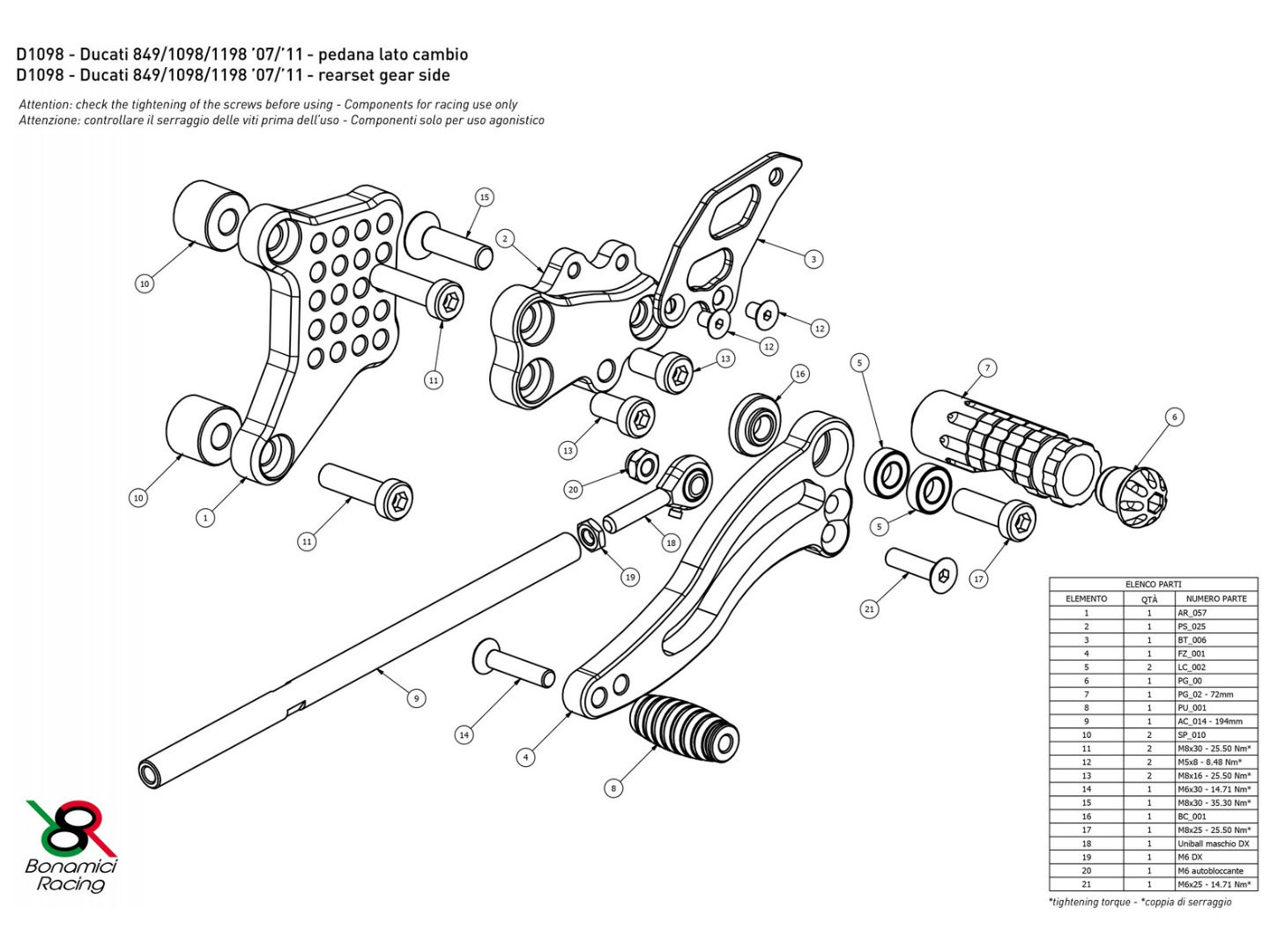 Bonamici, D1098 - BONAMICI RACING Ducati Superbike 848 / 1098 / 1198 (07/11) Adjustable Rearset