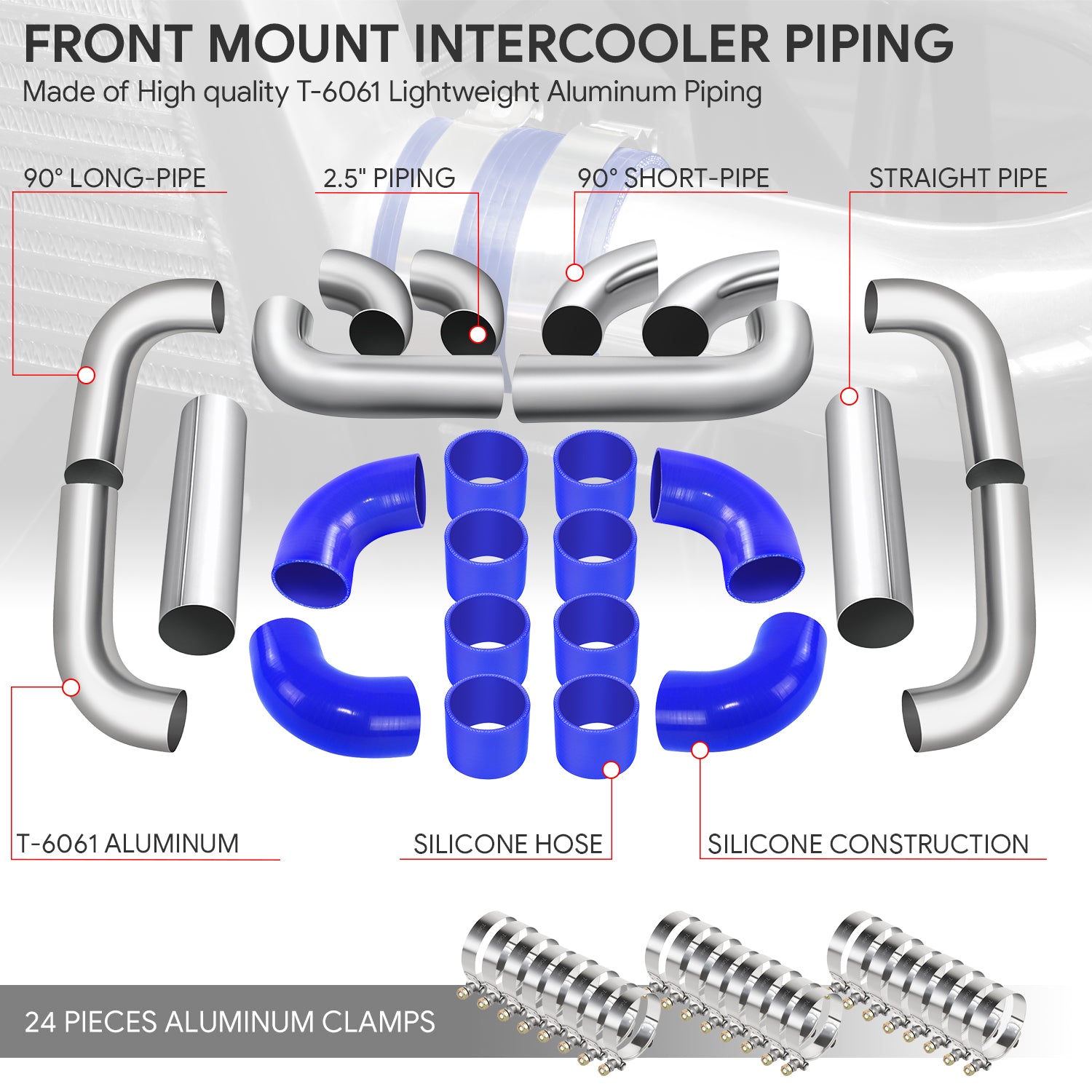 CAAP, Universal 12Pcs 2.5"OD FMIC Front Mount Intercooler Piping+Silicone Hose - Aluminum