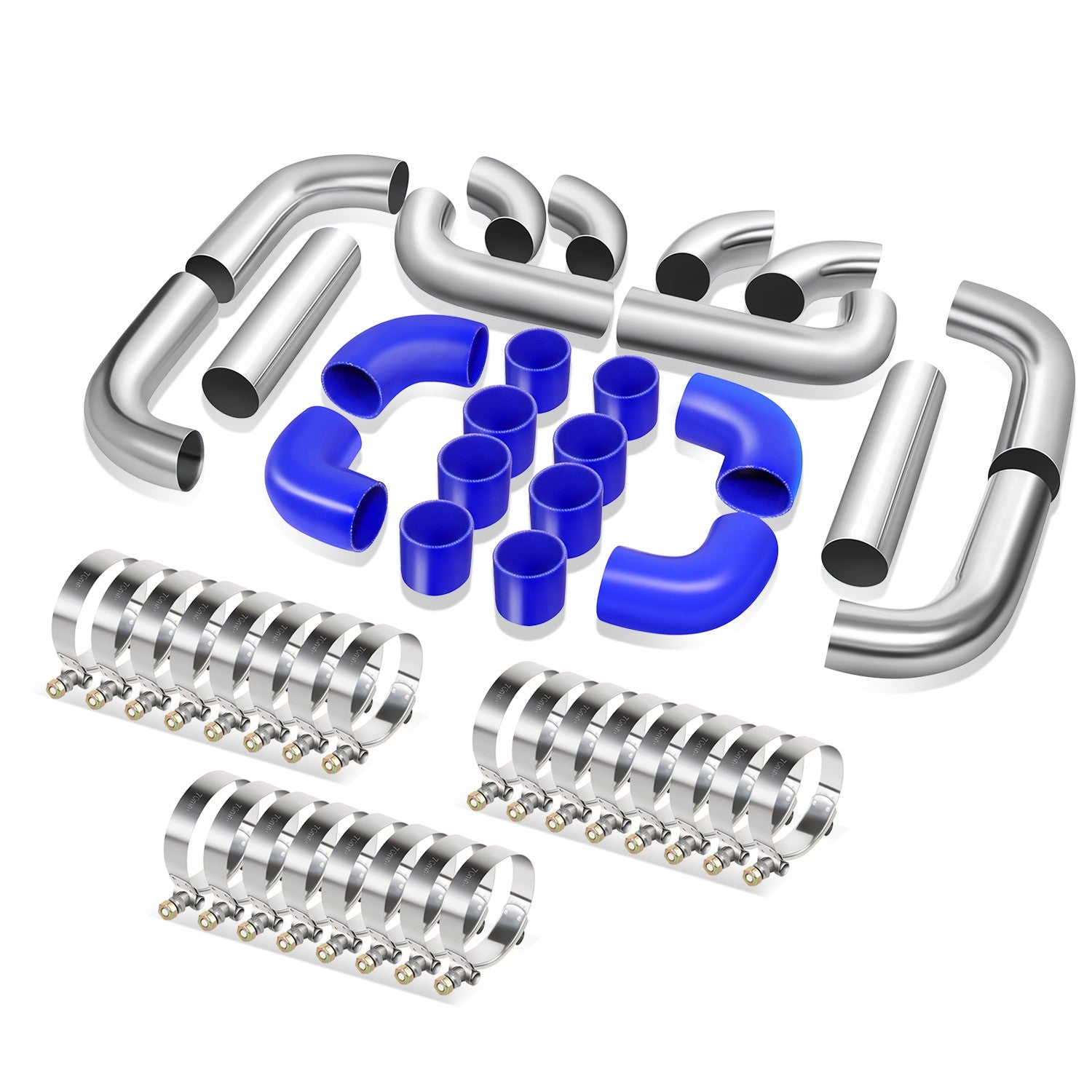 CAAP, Universal 12Pcs 2.5"OD FMIC Front Mount Intercooler Piping+Silicone Hose - Aluminum